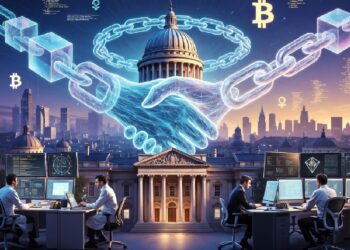 Edificio gubernamental bajo una cadena digital en forma de apretón de manos, rodeado de símbolos cripto y analistas frente a pantallas con redes y gráficos, evocando integración tecnológica.