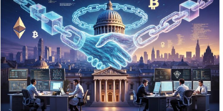 Edificio gubernamental bajo una cadena digital en forma de apretón de manos, rodeado de símbolos cripto y analistas frente a pantallas con redes y gráficos, evocando integración tecnológica.