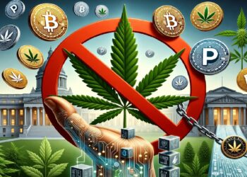 Símbolo de prohibición sobre una hoja de cannabis frente a edificios gubernamentales, rodeado de monedas digitales y una mano robótica unida a bloques tecnológicos que sugieren control y regulación.