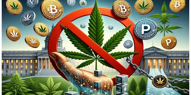 Símbolo de prohibición sobre una hoja de cannabis frente a edificios gubernamentales, rodeado de monedas digitales y una mano robótica unida a bloques tecnológicos que sugieren control y regulación.