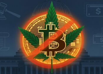 Símbolo de Bitcoin tachado junto a hojas de cannabis frente a edificio gubernamental, aludiendo a restricciones legales entre criptomonedas y la industria del cannabis.
