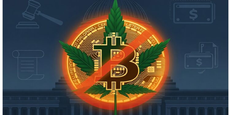 Símbolo de Bitcoin tachado junto a hojas de cannabis frente a edificio gubernamental, aludiendo a restricciones legales entre criptomonedas y la industria del cannabis.