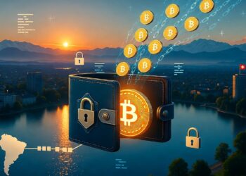 Monedero digital con candado y Bitcoins flotando frente a paisaje alpino y bandera suiza, simbolizando seguridad cripto y conexión entre finanzas digitales y mercados globales.