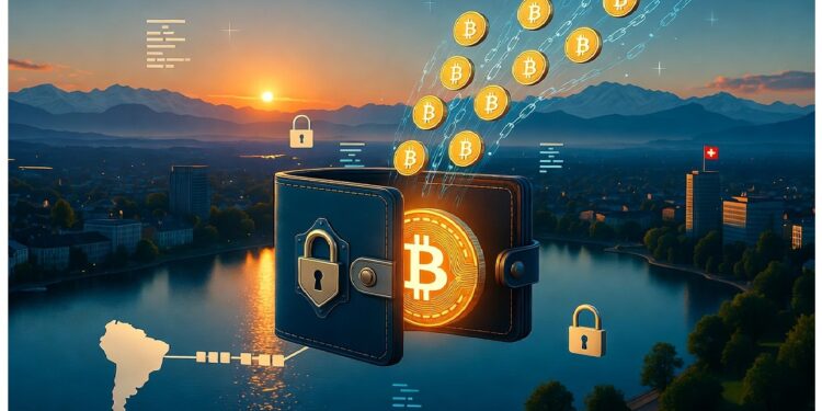 Monedero digital con candado y Bitcoins flotando frente a paisaje alpino y bandera suiza, simbolizando seguridad cripto y conexión entre finanzas digitales y mercados globales.