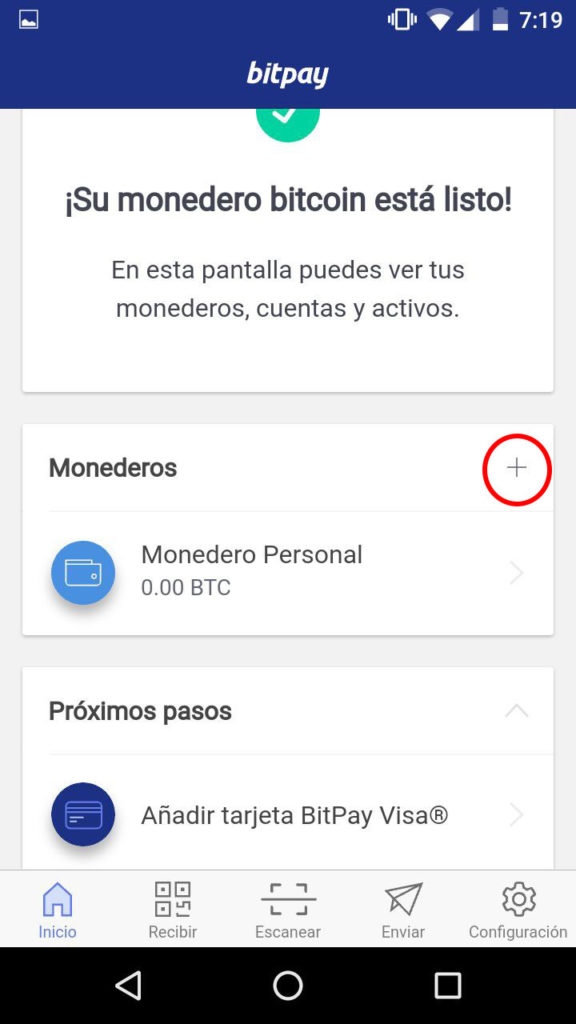 opción para crear un monedero de bitcoin en BitPay