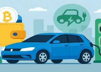 Auto azul conectado con fondo de billetera de bitcoin.