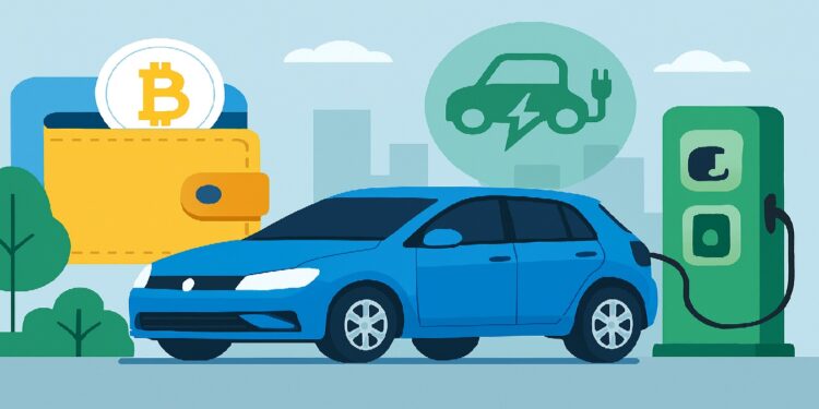 Auto azul conectado con fondo de billetera de bitcoin.