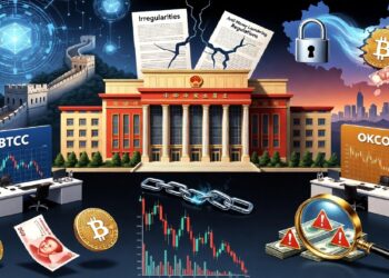 Edificio gubernamental chino rodeado de elementos cripto como BTCC, OKCOIN, documentos de irregularidades y regulaciones, cadenas rotas y símbolos digitales que sugieren control y restricciones.