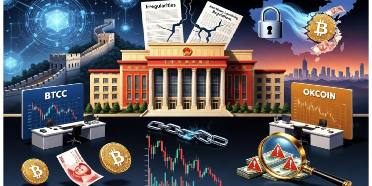 Edificio gubernamental chino rodeado de elementos cripto como BTCC, OKCOIN, documentos de irregularidades y regulaciones, cadenas rotas y símbolos digitales que sugieren control y restricciones.