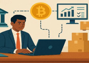 Hombre viendo una laptop que se conecta con moneda de bitcoin y un banco.