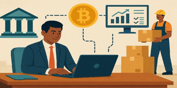 Hombre viendo una laptop que se conecta con moneda de bitcoin y un banco.