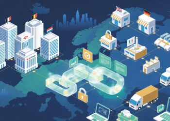 Mapa de Europa con fábricas, bancos y camiones conectados por una red digital y un símbolo de cadena brillante que representa blockchain en la logística entre países.