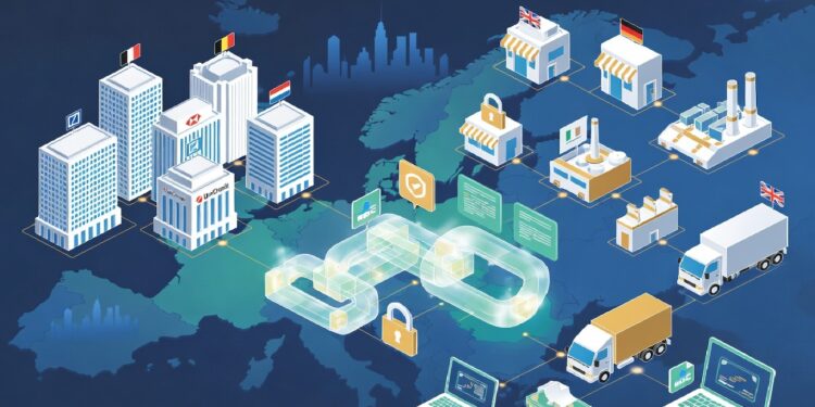 Mapa de Europa con fรกbricas, bancos y camiones conectados por una red digital y un sรญmbolo de cadena brillante que representa blockchain en la logรญstica entre paรญses.