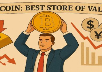 Empresario levantando moneda de bitcoin.