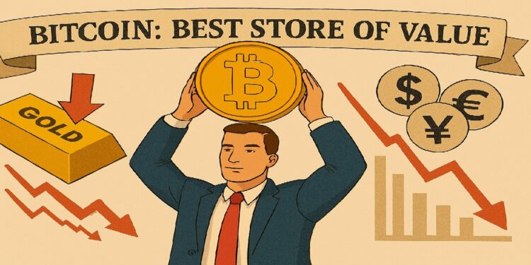 Empresario levantando moneda de bitcoin.