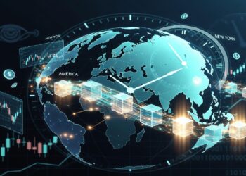 Globo digital con bloques de datos encadenados, gráficos financieros y referencias a mercados globales como Nueva York y Tokio, simbolizando blockchain y finanzas.