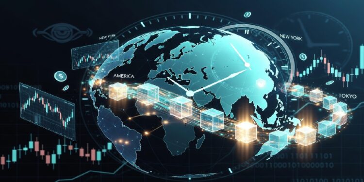Globo digital con bloques de datos encadenados, gráficos financieros y referencias a mercados globales como Nueva York y Tokio, simbolizando blockchain y finanzas.