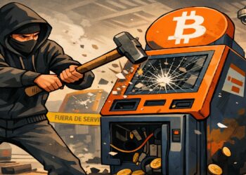 Ilustración editorial que muestra a un hombre encapuchado golpeando un cajero Bitcoin con un martillo, rodeado de máquinas dañadas y cinta de “Fuera de servicio”.