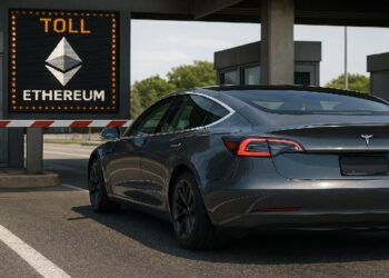 Carro tesla pasando por peaje con opcion de pago con ethereum.