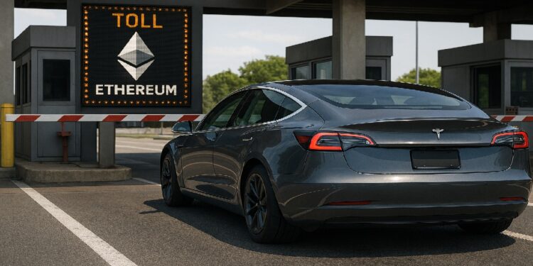 Carro tesla pasando por peaje con opcion de pago con ethereum.