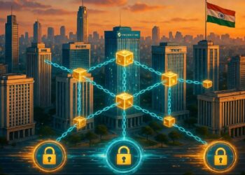 Red de cubos blockchain brillantes sobre ciudad al atardecer con bandera de India, simbolizando ciberseguridad, datos encriptados y adopción tecnológica en infraestructura urbana.