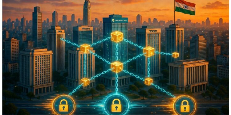 Red de cubos blockchain brillantes sobre ciudad al atardecer con bandera de India, simbolizando ciberseguridad, datos encriptados y adopción tecnológica en infraestructura urbana.