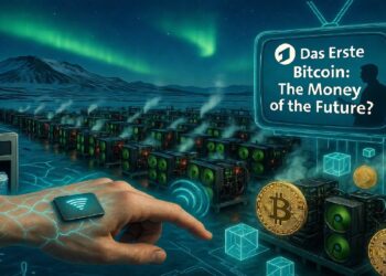 Mano humana con interfaz digital integrada señalando un holograma sobre Bitcoin, con granjas de minería y auroras boreales al fondo.