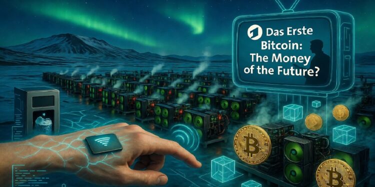 Mano humana con interfaz digital integrada señalando un holograma sobre Bitcoin, con granjas de minería y auroras boreales al fondo.