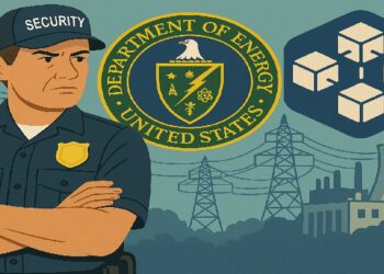 Oficial del departamento de energia de ee uu con un fondo de nodos de blockchain.