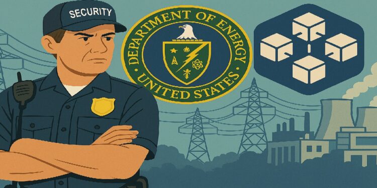 Oficial del departamento de energia de ee uu con un fondo de nodos de blockchain.