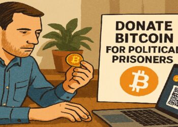 Hombre frente a laptop con moneda de bitcoin en mano viendo sitio para donar.