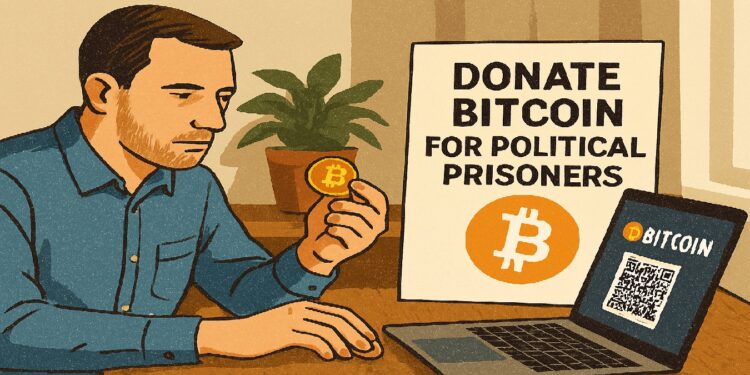 Hombre frente a laptop con moneda de bitcoin en mano viendo sitio para donar.