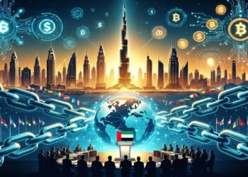 Ciudad futurista con Burj Khalifa rodeado de cadenas y símbolos cripto, mientras delegados internacionales observan un globo con bandera de EAU, aludiendo a cooperación global digital.