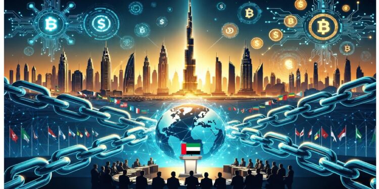 Ciudad futurista con Burj Khalifa rodeado de cadenas y símbolos cripto, mientras delegados internacionales observan un globo con bandera de EAU, aludiendo a cooperación global digital.