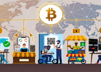 Ilustración de usos globales de Bitcoin con mapa mundial, red descentralizada y escenas de pago, comercio, entregas y análisis de criptomonedas.