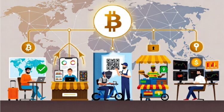 Ilustración de usos globales de Bitcoin con mapa mundial, red descentralizada y escenas de pago, comercio, entregas y análisis de criptomonedas.