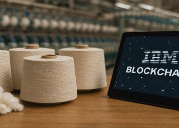 Varios rollos de algodon al lado de una tablet con una imagen con las palabras "ibm" y "blockchain".