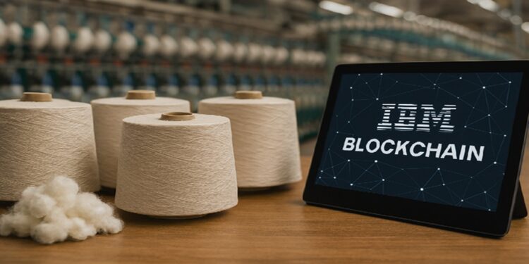 Varios rollos de algodon al lado de una tablet con una imagen con las palabras "ibm" y "blockchain".
