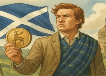 Hombre escoses con bandera de fondo sosteniendo una moneda.