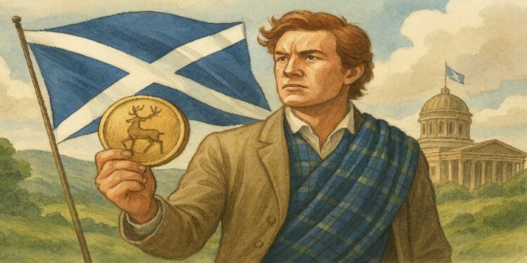 Hombre escoses con bandera de fondo sosteniendo una moneda.