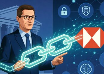 Hombre de traje señala una cadena digital brillante entre un edificio clásico y el logotipo de HSBC rodeado de iconos de ciberseguridad, IA y redes, simbolizando innovación financiera.