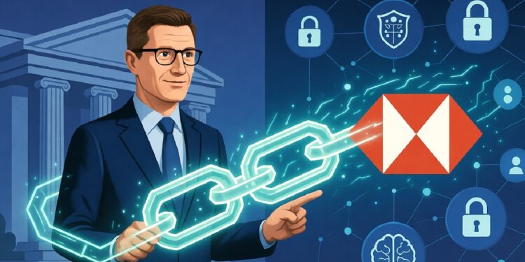 Hombre de traje señala una cadena digital brillante entre un edificio clásico y el logotipo de HSBC rodeado de iconos de ciberseguridad, IA y redes, simbolizando innovación financiera.