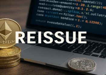 Imagen de laptop con lenguaje de programacion en la pantalla con unas monedas de ethereum doradas frente a ella, con la palabra "reissue" en el medio.
