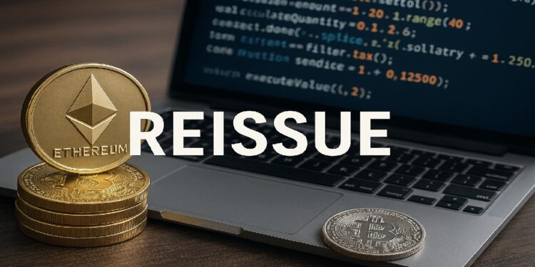 Imagen de laptop con lenguaje de programacion en la pantalla con unas monedas de ethereum doradas frente a ella, con la palabra "reissue" en el medio.