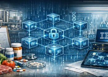 Nodos de blockchain rodeados de laptop con datos y alimentos.