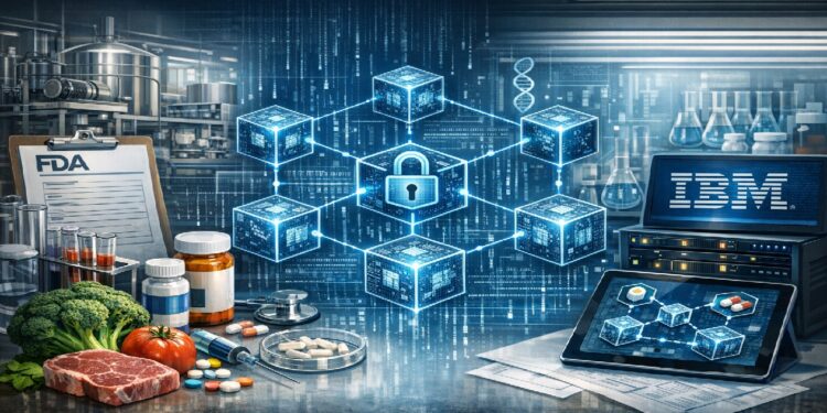 Nodos de blockchain rodeados de laptop con datos y alimentos.