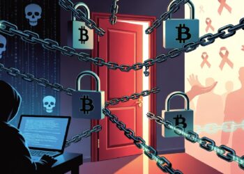 Figura encapuchada frente a códigos y calaveras bloquea una puerta con cadenas y candados, mientras al otro lado se ve un ambiente luminoso con siluetas y cintas rojas que evocan ayuda humanitaria.