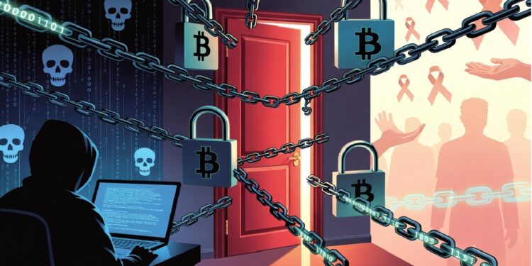 Figura encapuchada frente a códigos y calaveras bloquea una puerta con cadenas y candados, mientras al otro lado se ve un ambiente luminoso con siluetas y cintas rojas que evocan ayuda humanitaria.