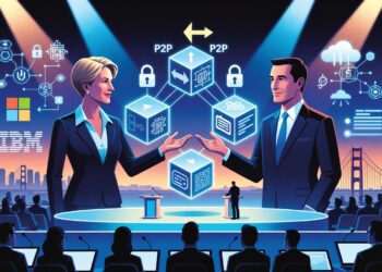 Dos presentadores en un escenario explican tecnología P2P con cubos digitales e iconos de ciberseguridad, frente a un público y un fondo urbano tecnológico.