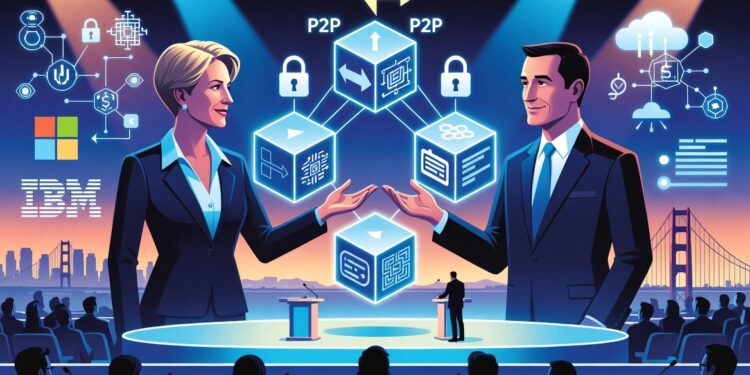 Dos presentadores en un escenario explican tecnología P2P con cubos digitales e iconos de ciberseguridad, frente a un público y un fondo urbano tecnológico.